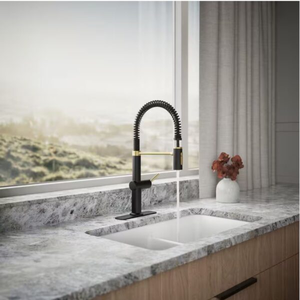 Clarus Semi-Professional Single Handle Pull Down Sprayer Kitchen Faucet in Matte Black with Moderne Brass
