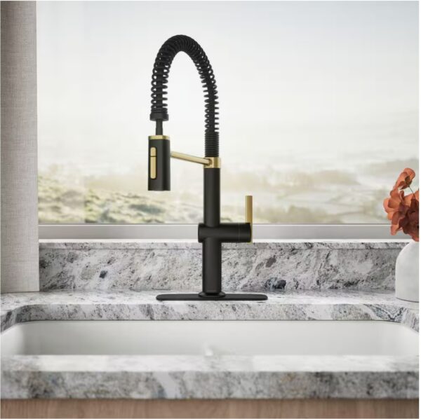 Clarus Semi-Professional Single Handle Pull Down Sprayer Kitchen Faucet in Matte Black with Moderne Brass